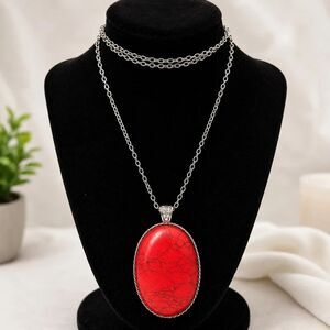 Red Stone Silver Tone Statement Pendant Necklace